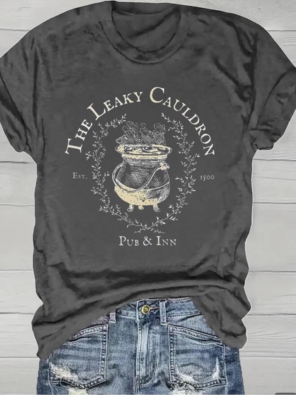 The Leaky Cauldron Graphic Tee - Charcoal with Cream Design NWOT